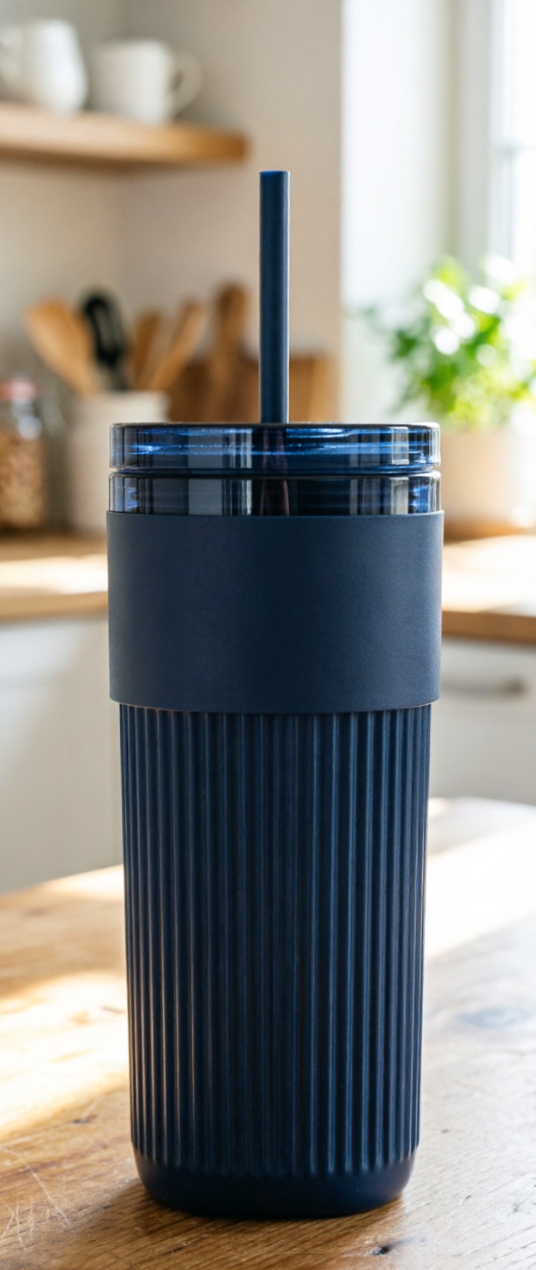 Navy blue tumbler with a straw on a wooden surface in a kitchen setting