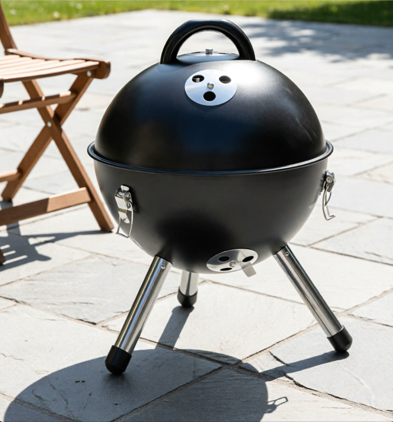 Black charcoal grill with a panda face design on a patio