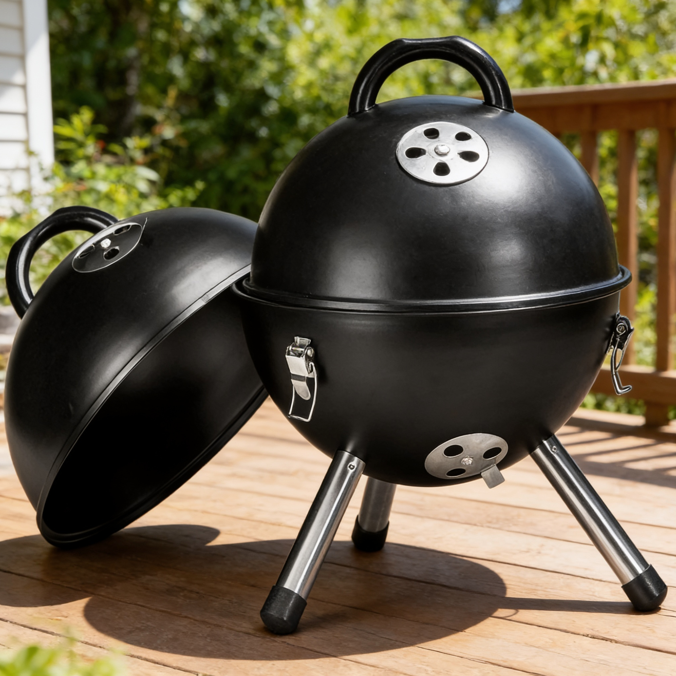 Black charcoal grill on a wooden deck with greenery in the background