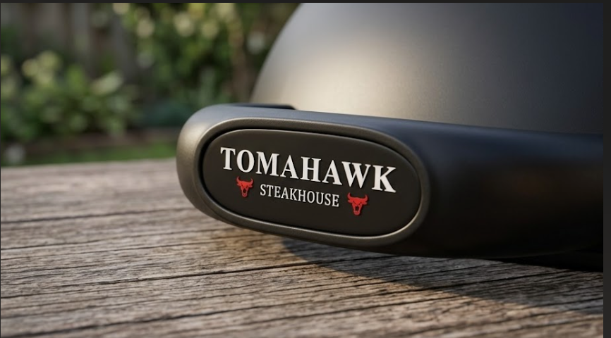 Tomahawk Steakhouse logo on a metallic surface with a blurred outdoor background