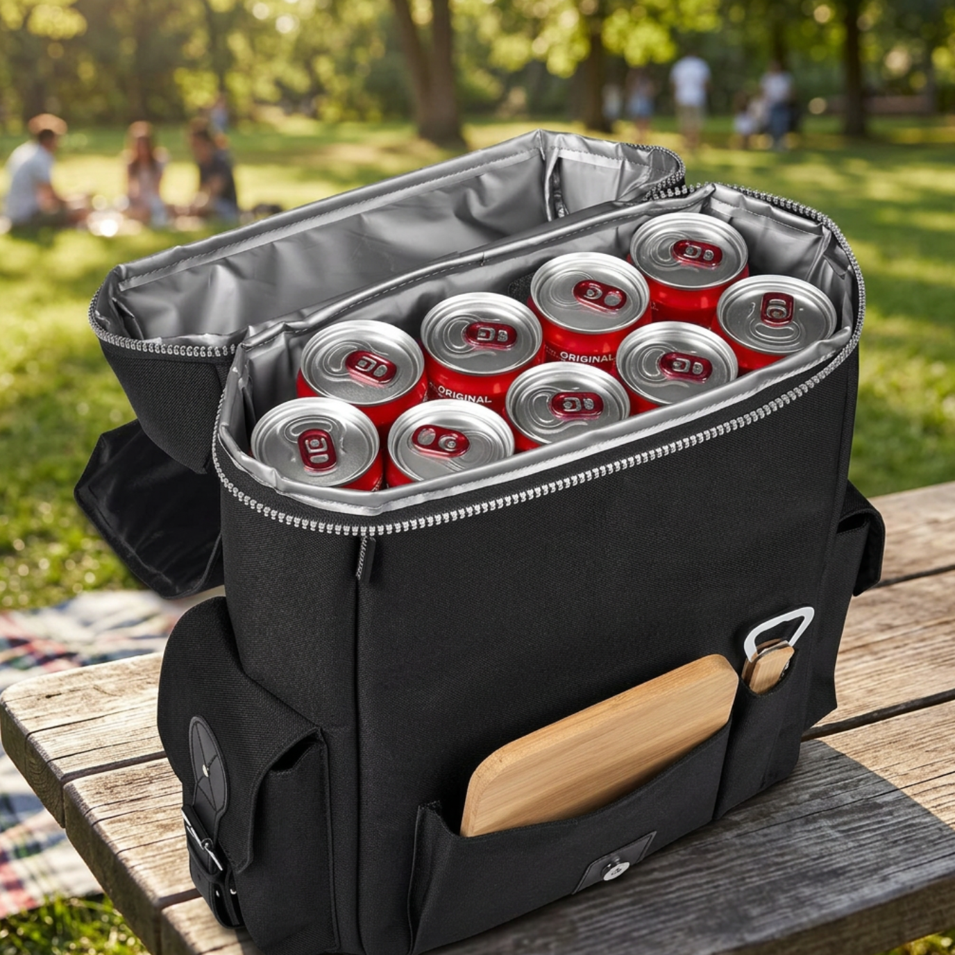 Black cooler bag with red beer cans on a wooden table outdoors
