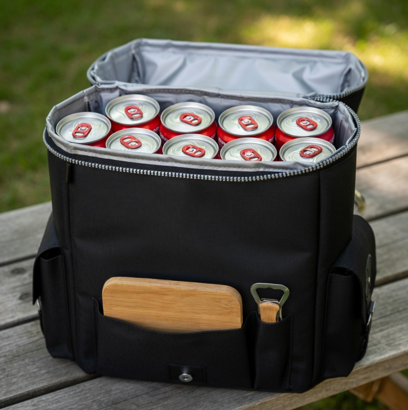 Black cooler bag with wooden handle and bottle opener containing red cans on a wooden surface.