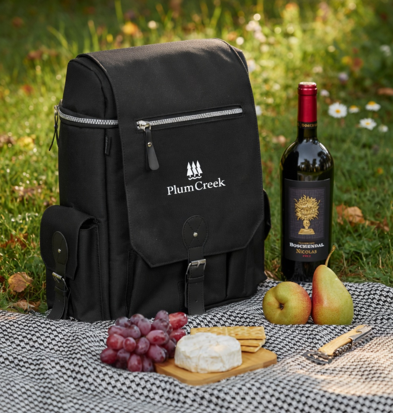 Black Plum Creek backpack with picnic items including a bottle of wine, fruits, and cheese on a blanket outdoors.