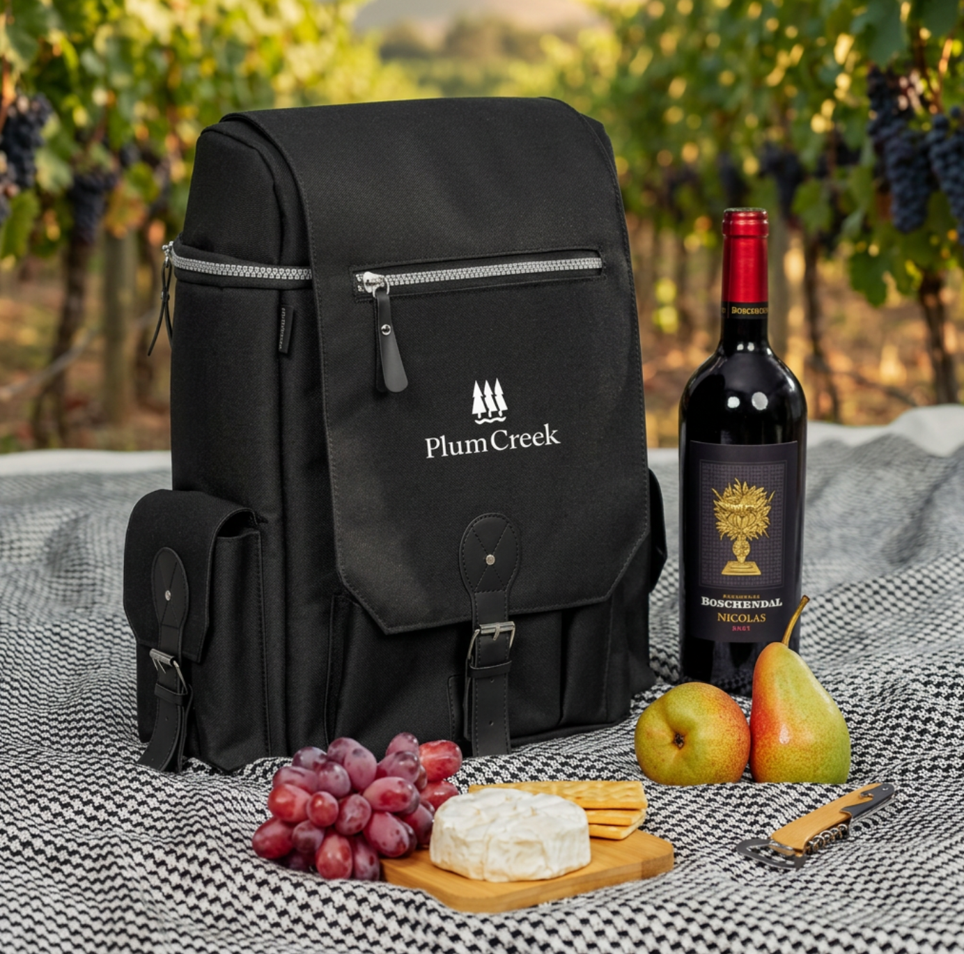 Black Plum Creek wine cooler bag with a bottle of wine, fruits, and cheese on a checkered blanket outdoors.