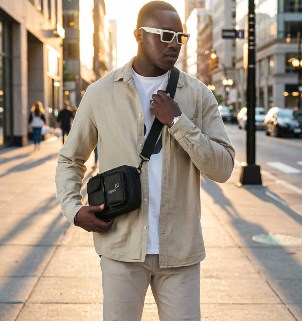 Man walking on a city street holding a black bag, wearing a beige jacket and sunglasses.