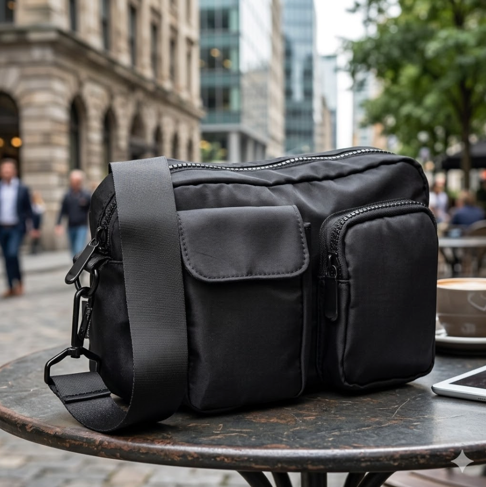 Black leather bag on a table with a cityscape background