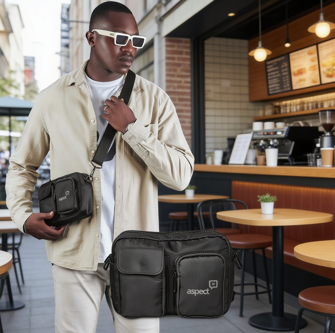 Man holding a black bag with 'aspect' branding in an urban setting.