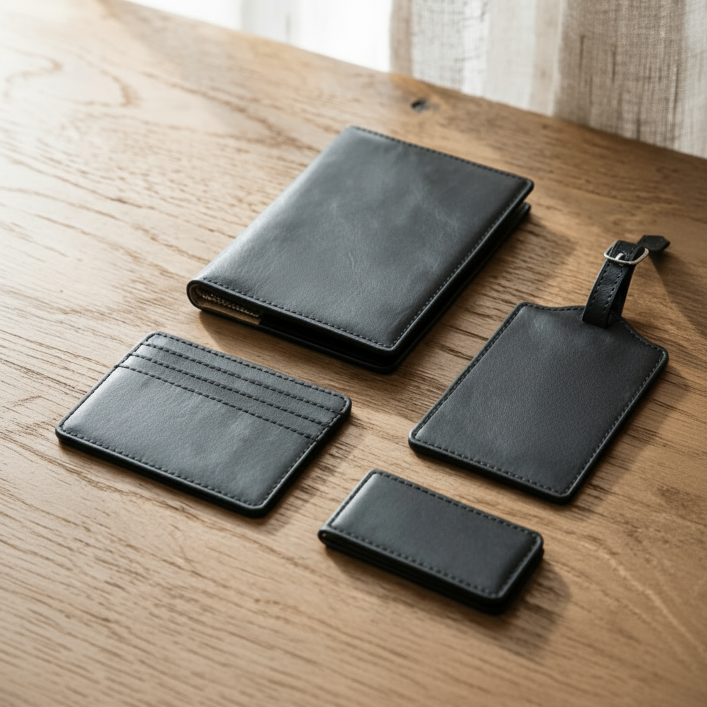Set of black leather wallets and cardholder on a wooden surface