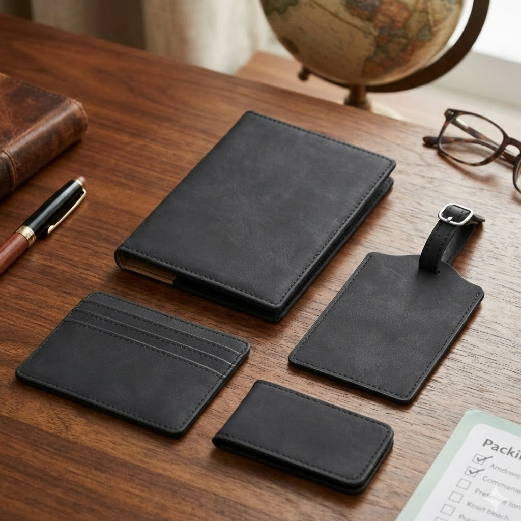 Black leather travel accessories including a wallet, cardholder, and luggage tag on a wooden surface with a globe in the background.