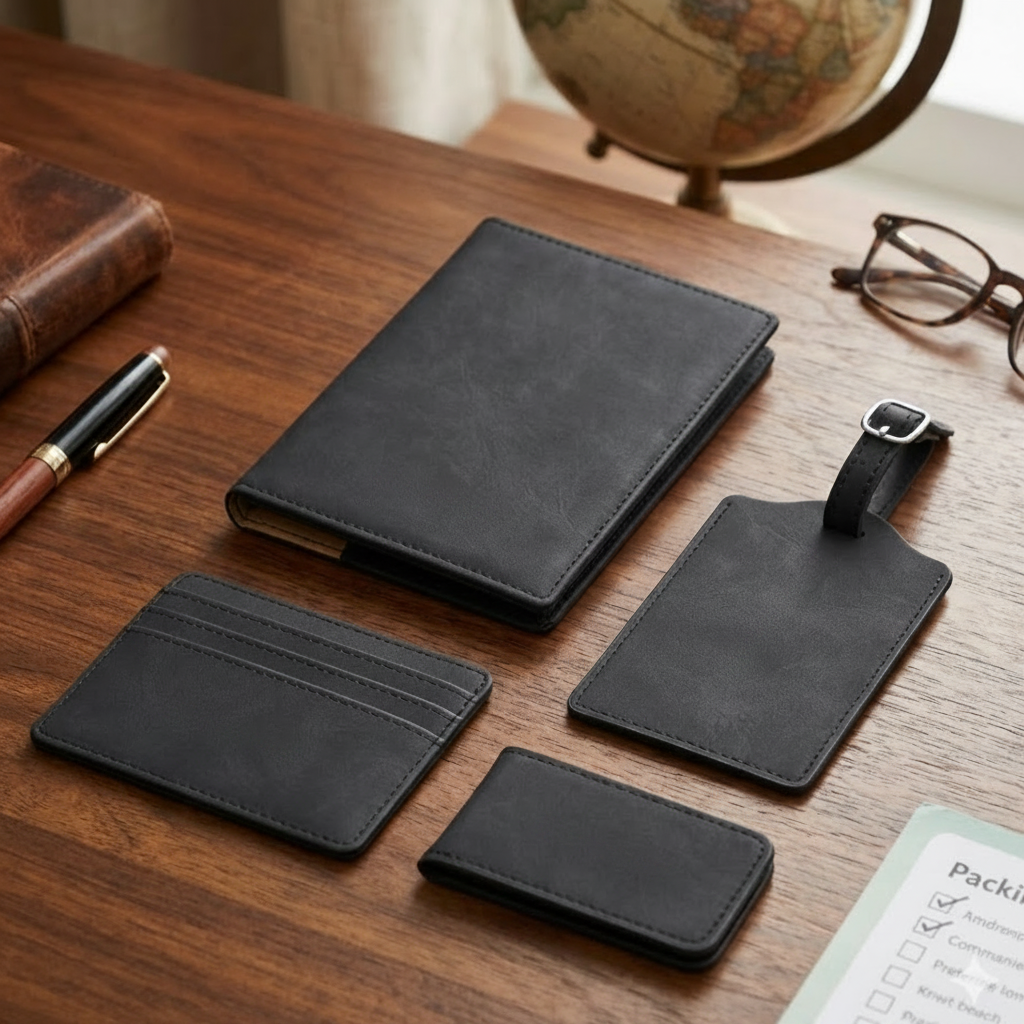 Black leather travel accessories including a wallet, cardholder, and luggage tag on a wooden surface with a globe in the background.