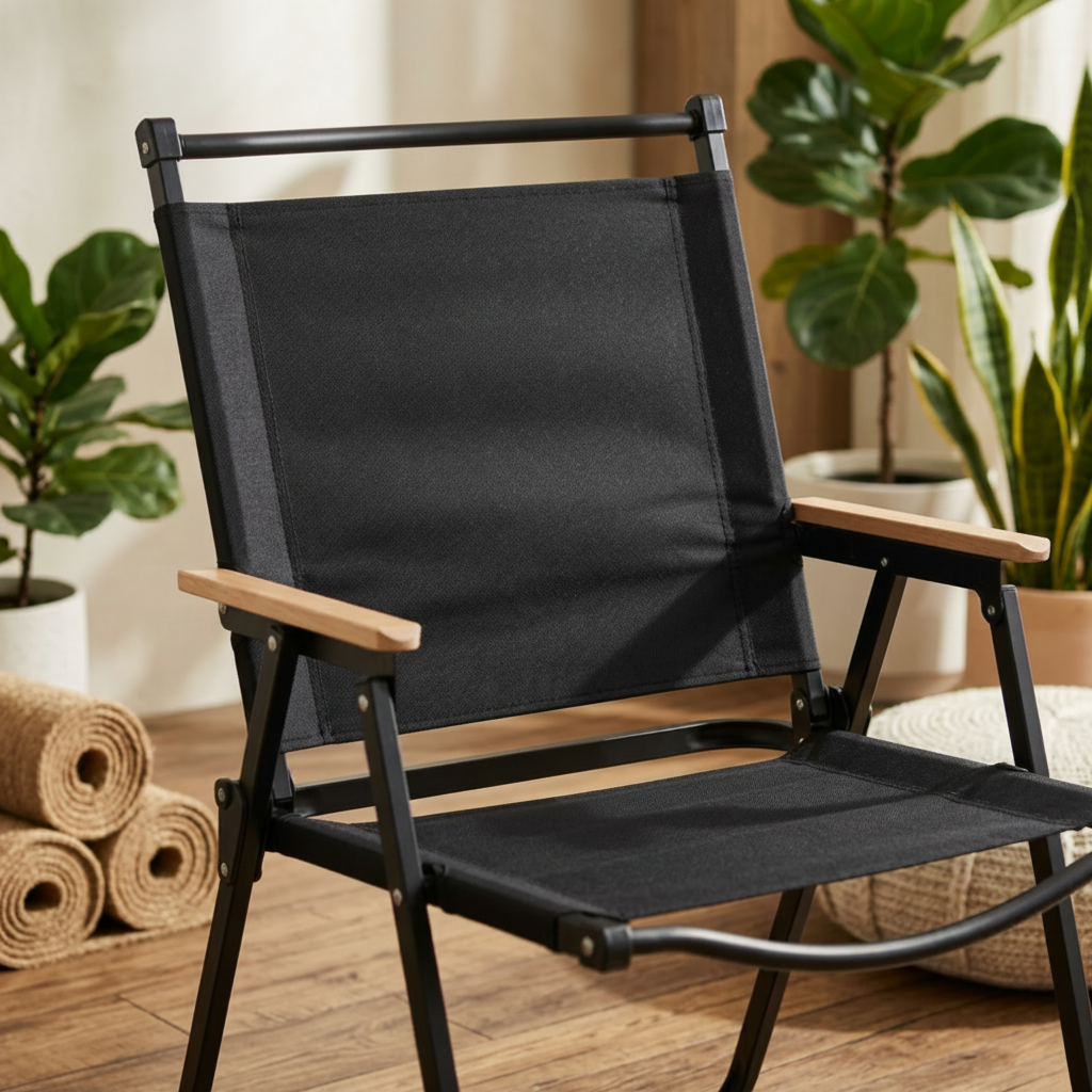 Black folding chair with wooden armrests and 'Foundation Wellness' logo in a home setting.