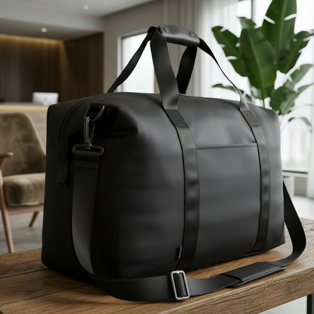 Black duffel bag with Kaela logo on a wooden table in a modern room.