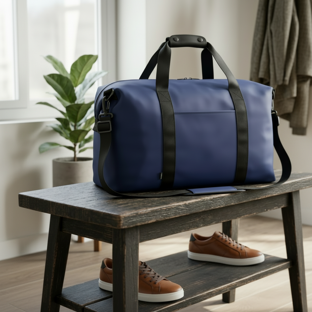 Blue duffel bag with 'HEXAGON' logo on a wooden bench in a room.