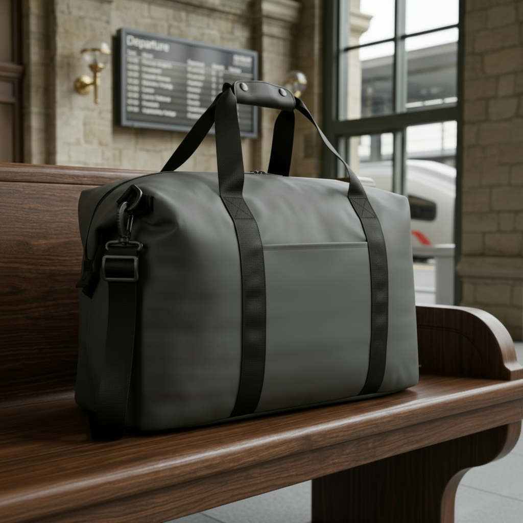 Gray duffel bag with black straps and FUGIA logo on a wooden bench in a train station.