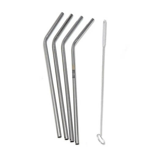 Set of 6 Angled Steel Drinking Straws &  Cleaning Brush-22cm
