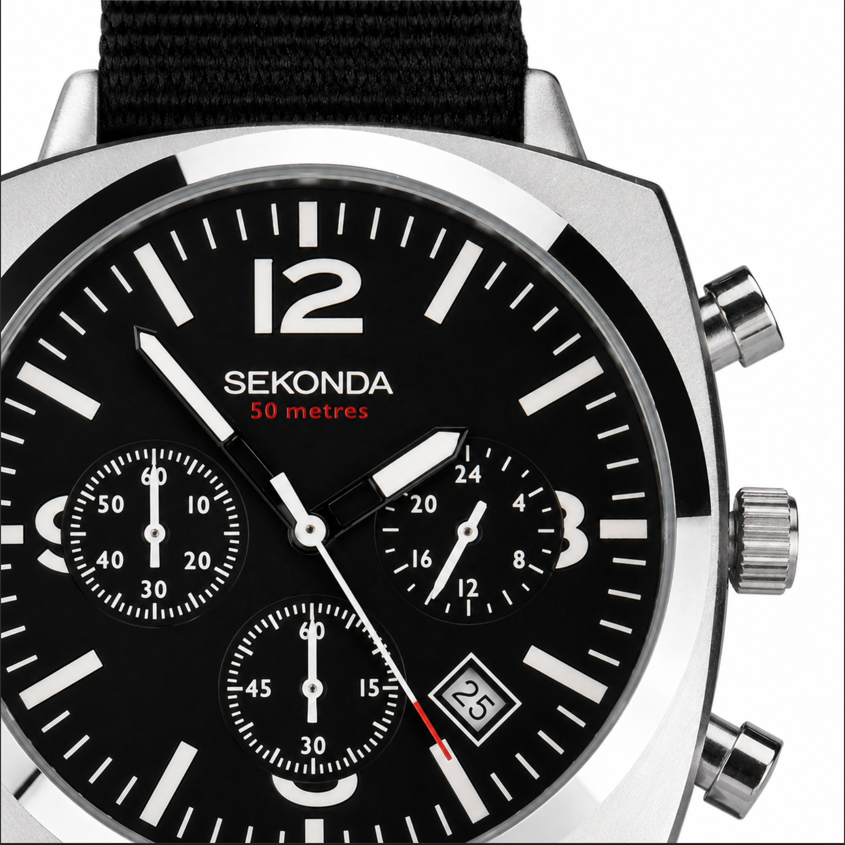 Sekonda watch with black face and strap on a white background