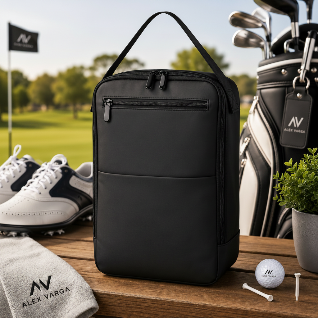 Black golf bag with Alex Varga logo on a wooden surface with golf shoes, towel, and ball in the background.