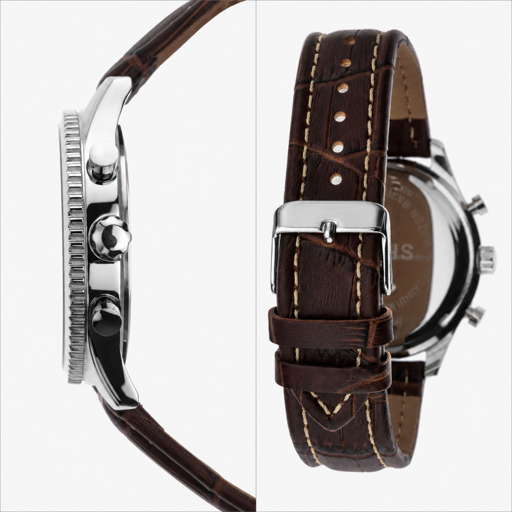 Close-up of a watch with a brown leather strap and silver case on a white background