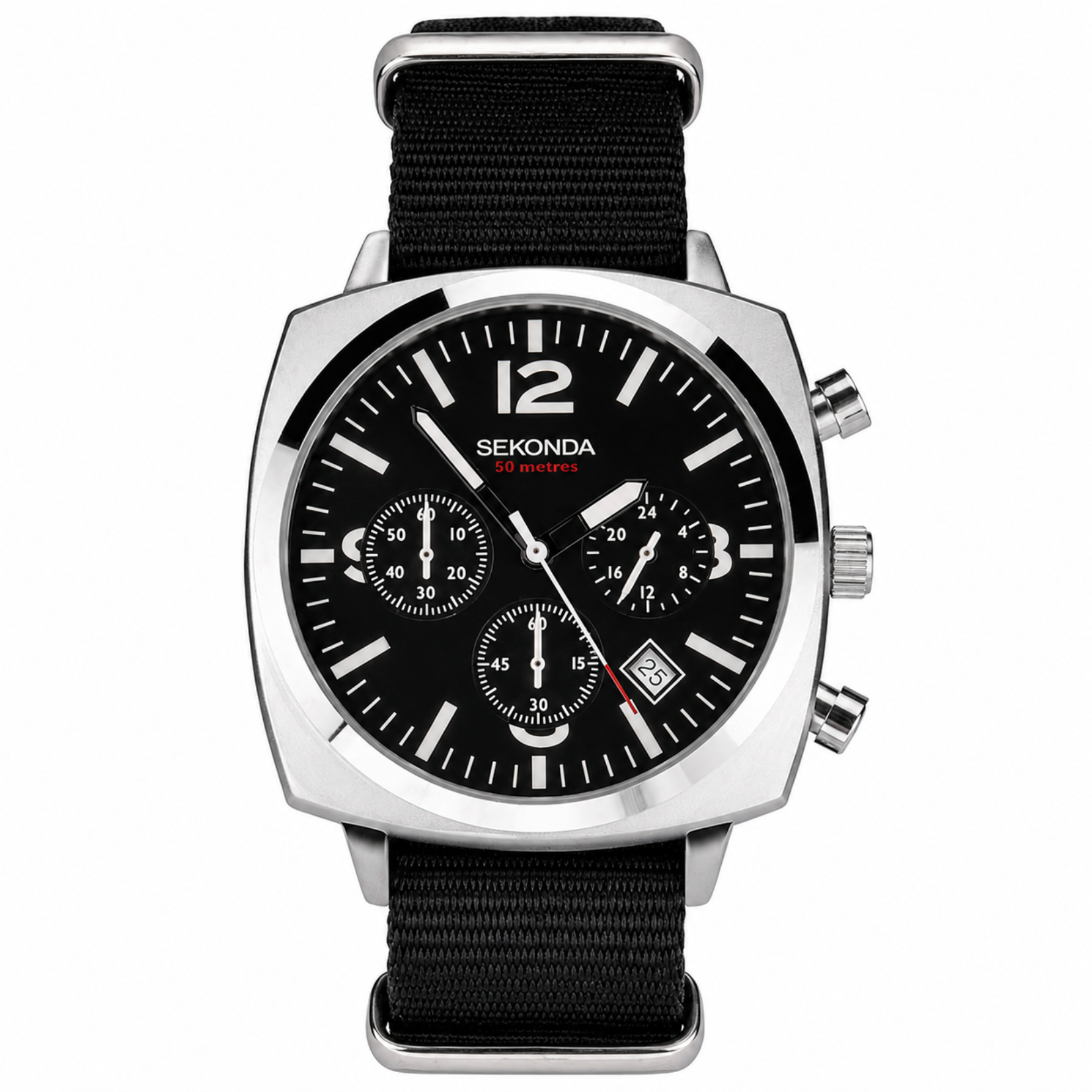Sekonda watch with black strap and black dial on a white background