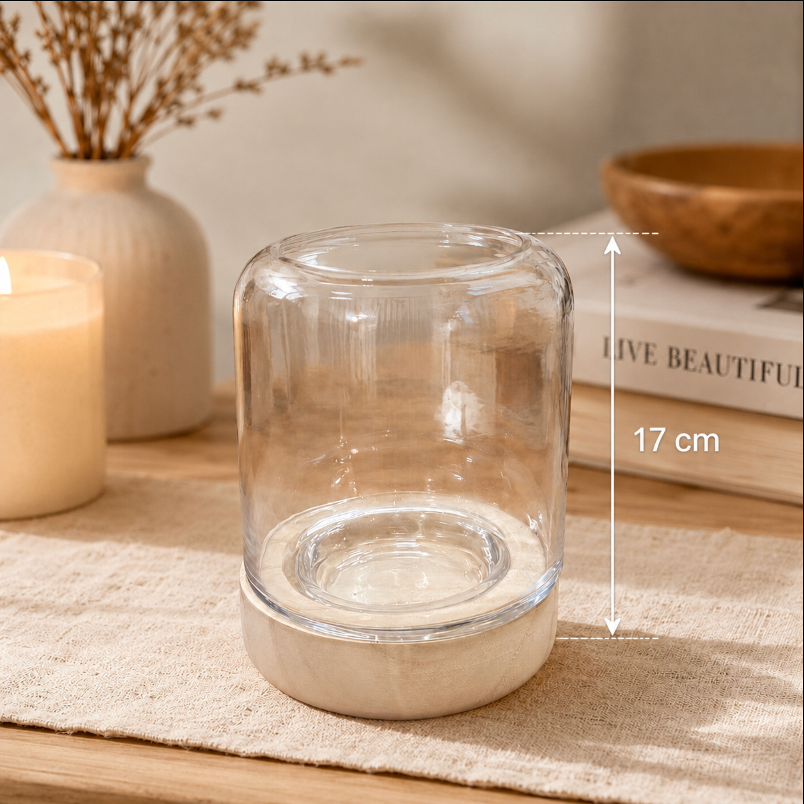 Hestia Handmade Candle Holder Clear Glass with Natural Base