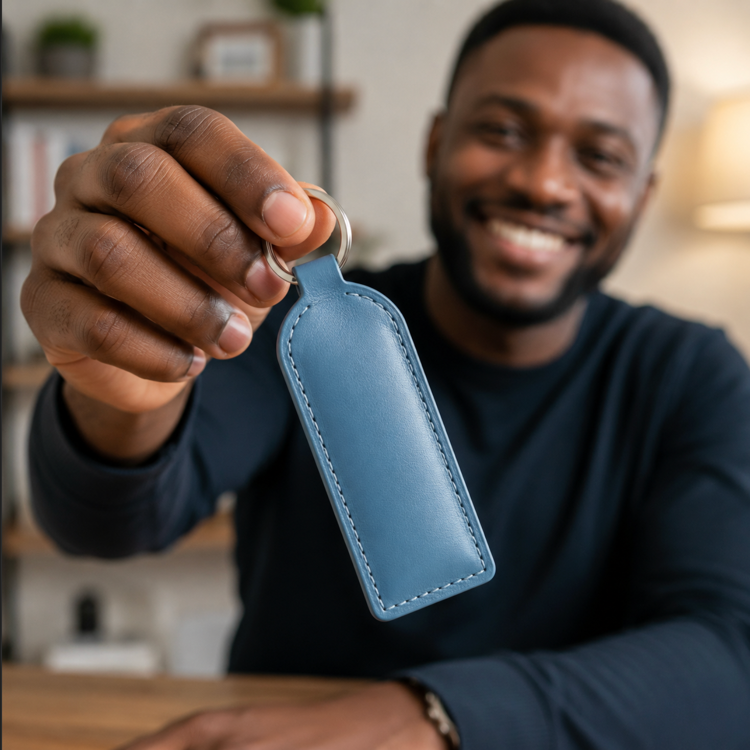 Man holding a blue leather keychain in a home setting