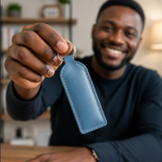 Man holding a blue leather keychain in a home setting