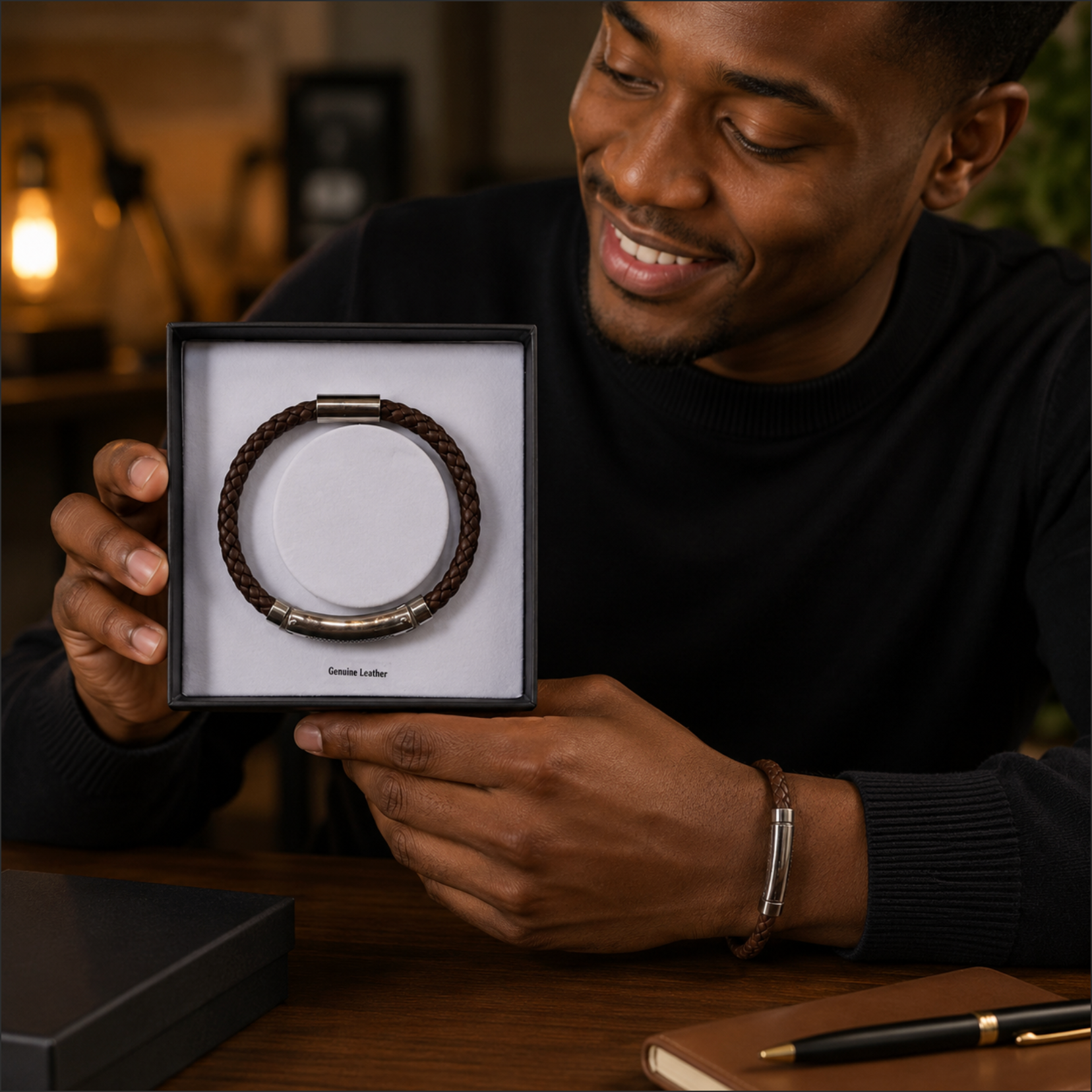 Man holding a bracelet in a box with a warm, indoor setting