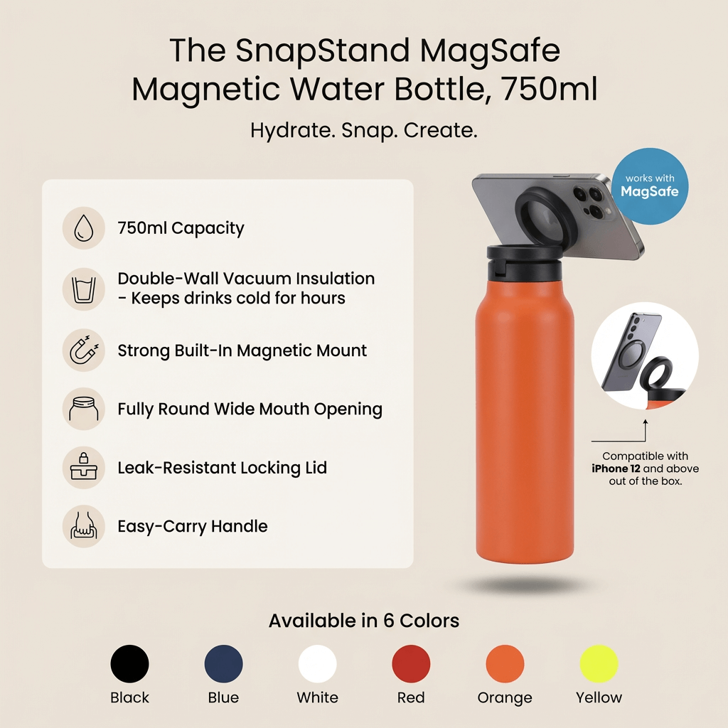 The SnapStand MagSafe Magnetic Water Bottle with Phone Holder, 750ml