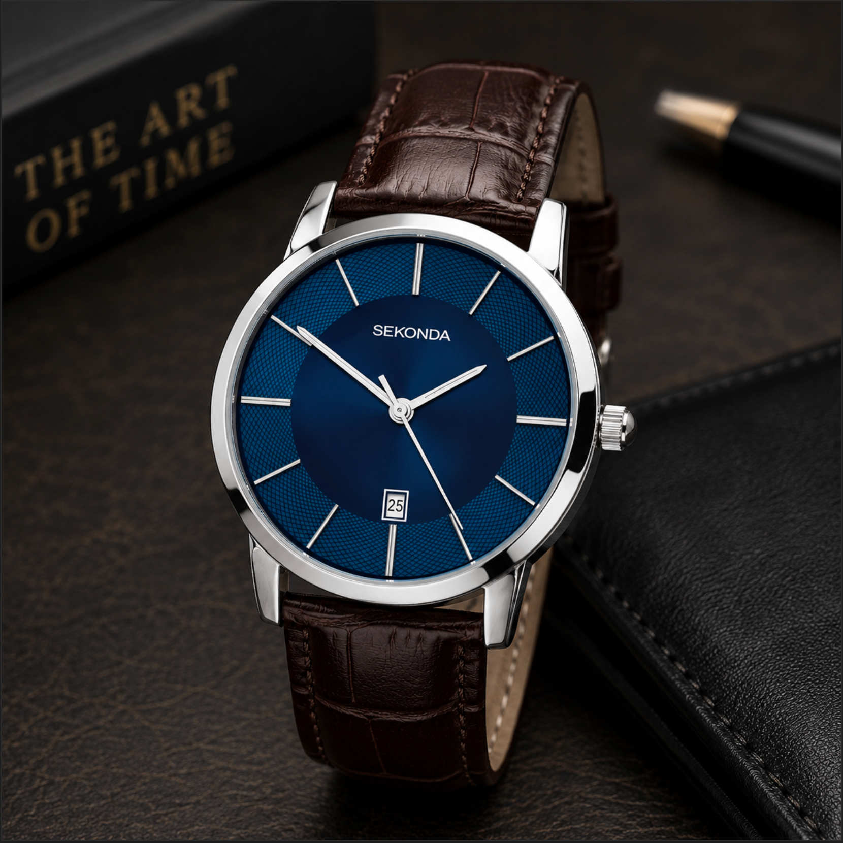 Sekonda watch with blue face and brown leather strap on a dark surface