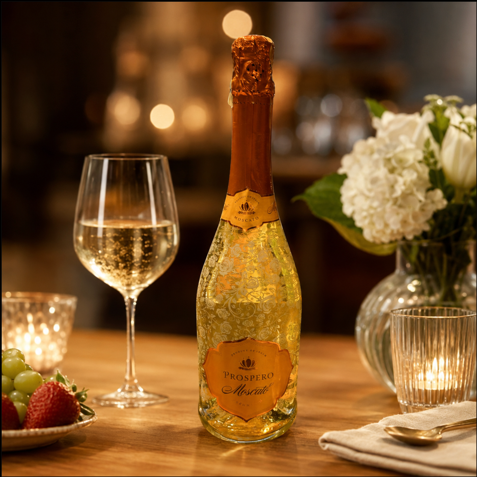 A bottle of Prospero Moscato sparkling wine stands on a wooden table beside a filled wine glass, lit candles, flowers, and a plate of strawberries in a warm, softly blurred indoor setting.