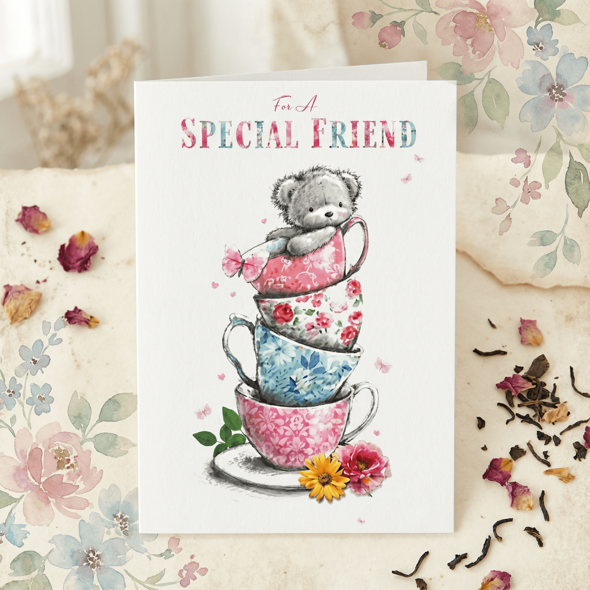 For a Special Friend – Floral Teacup & Teddy Card
