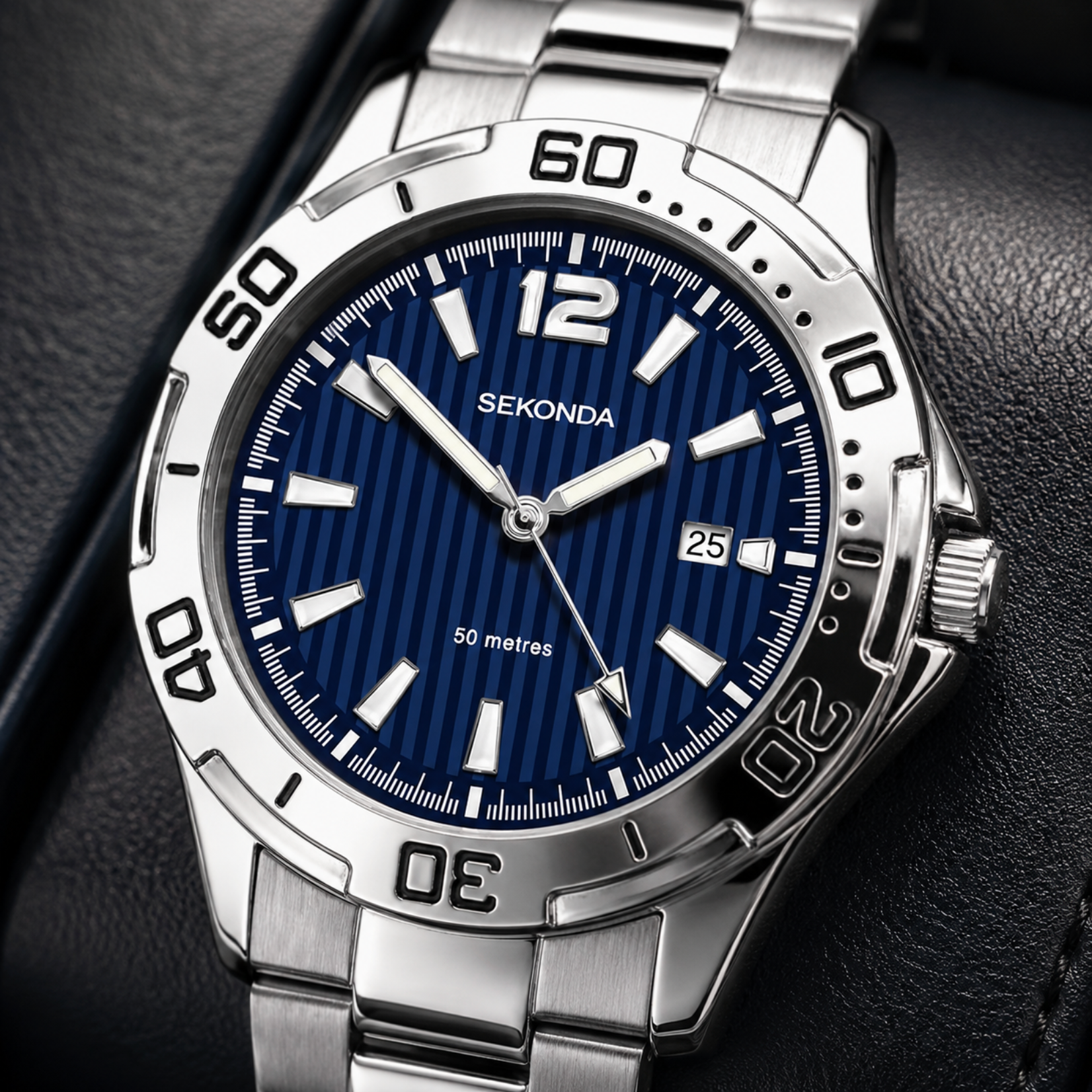 Silver Sekonda watch with a blue dial on a dark background