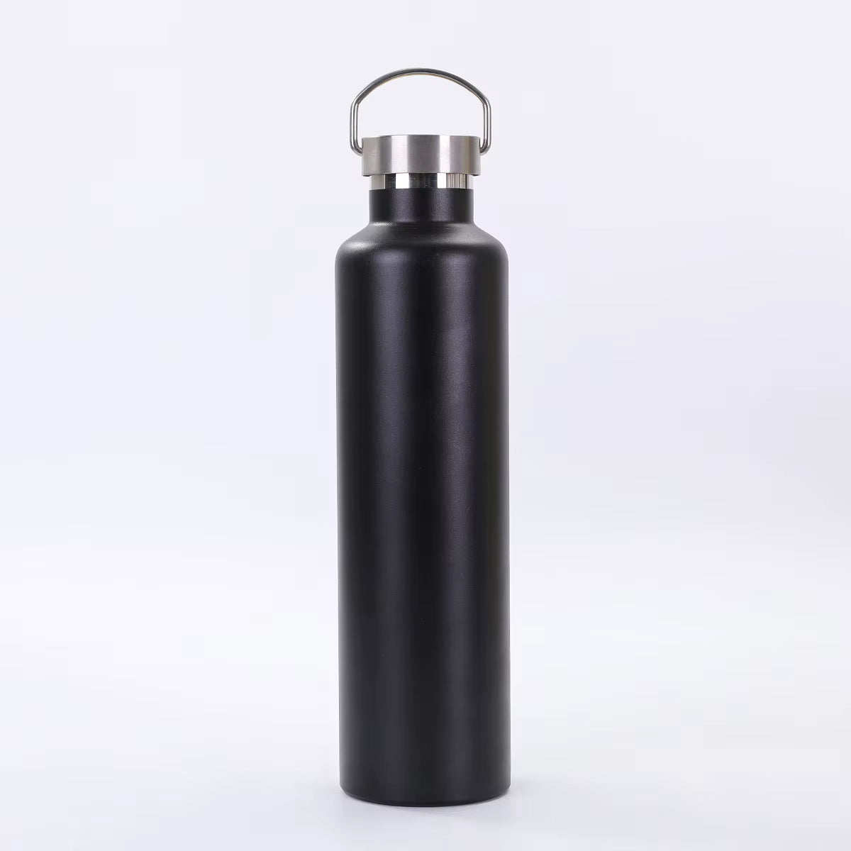 A matte black insulated water bottle with a stainless steel screw-on lid and integrated metal carrying loop, shown on a clean white studio background.