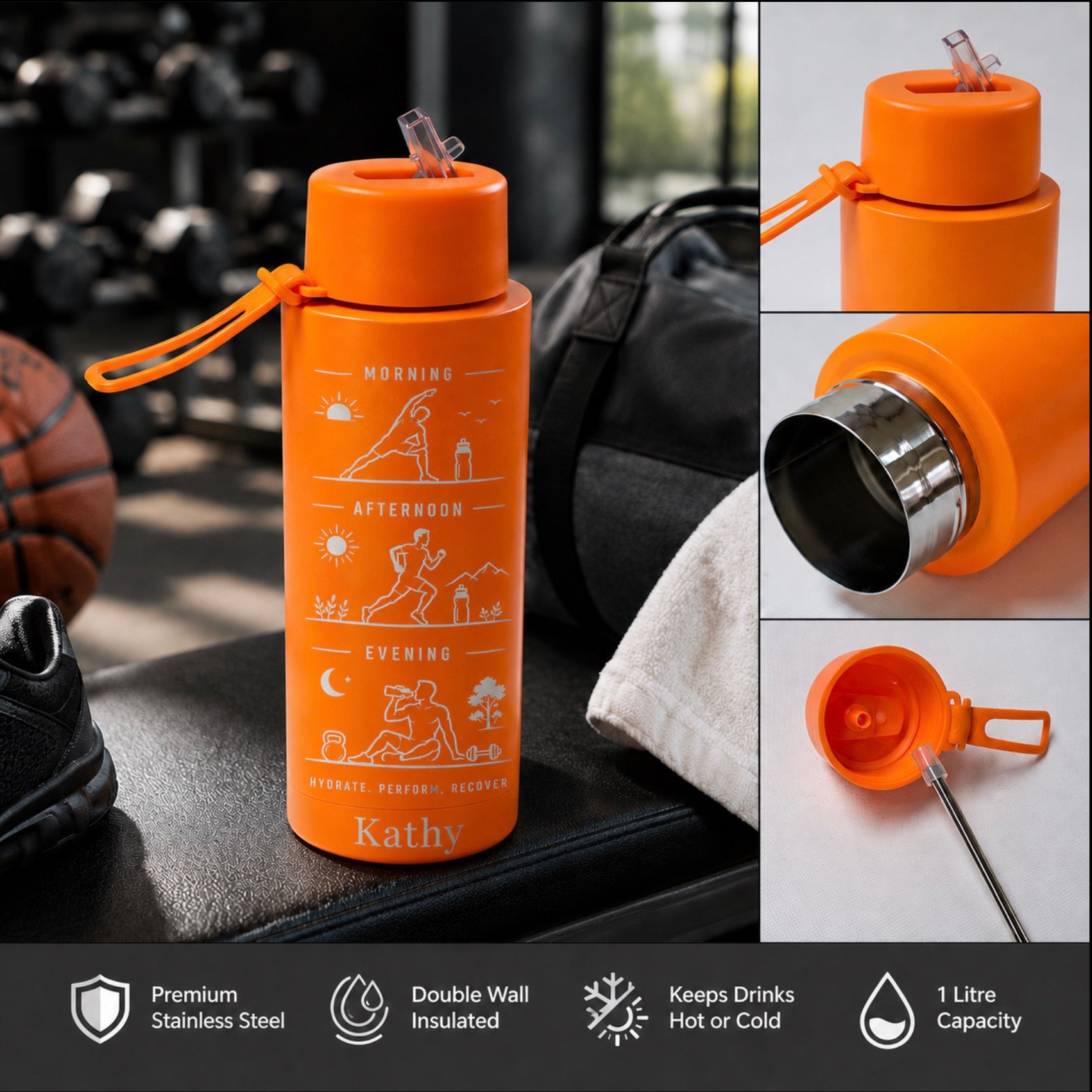 An orange insulated water bottle with a straw lid and carrying loop, shown in a gym setting with a black bag and basketball in the background. The right side includes three inset close-up views of the bottle, and the bottom has feature icons and text for premium stainless steel, double wall insulation, keep drinks hot or cold, and 1 litre capacity.