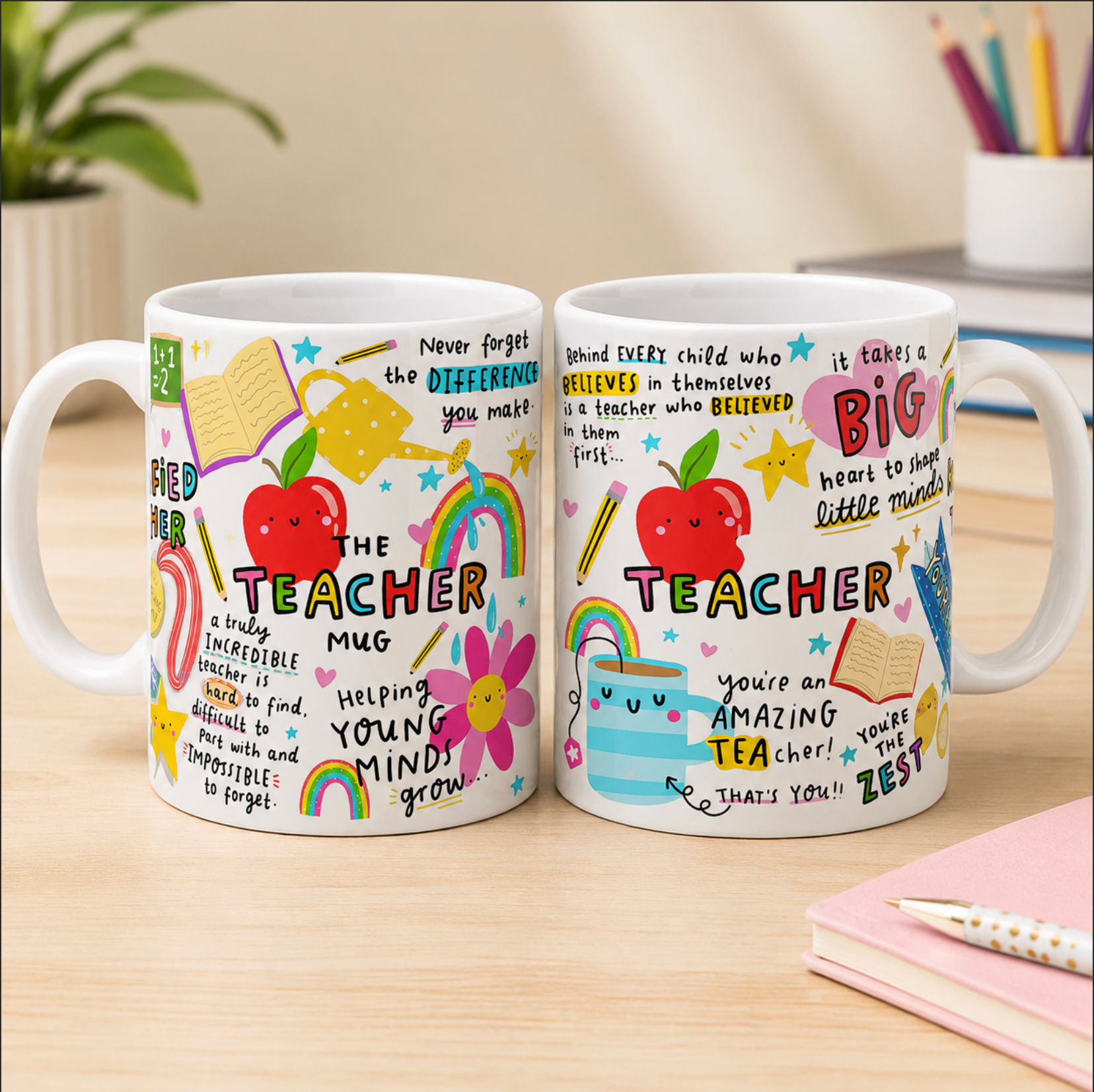 Two mugs with colorful designs and text on a wooden surface.