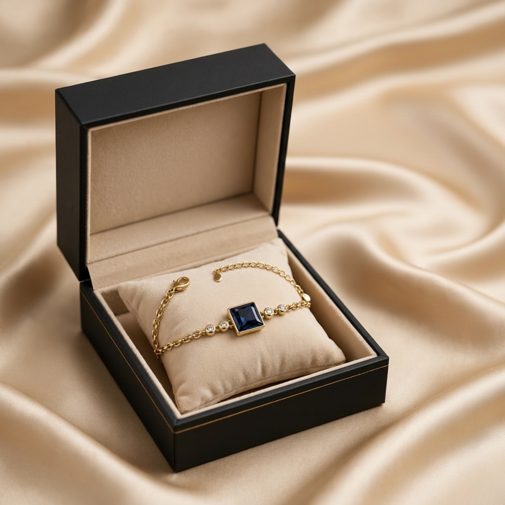 Gold bracelet with a blue gemstone in an open jewelry box on a beige fabric background.