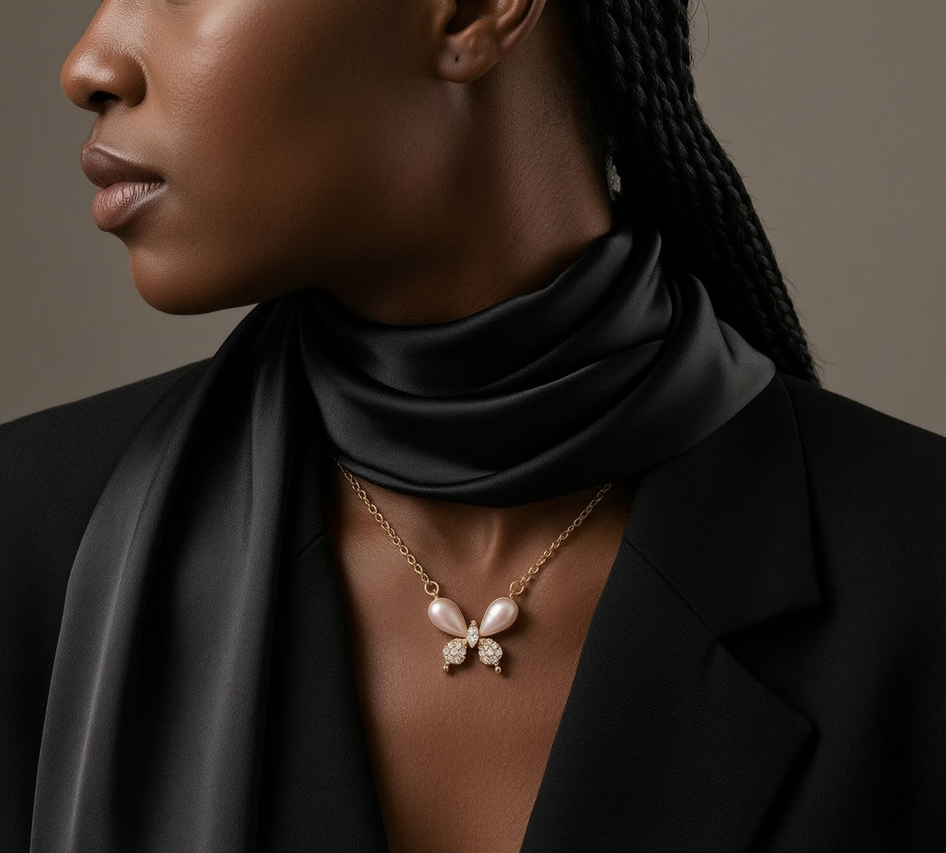 Woman wearing a black scarf and gold necklace with a butterfly pendant against a neutral background