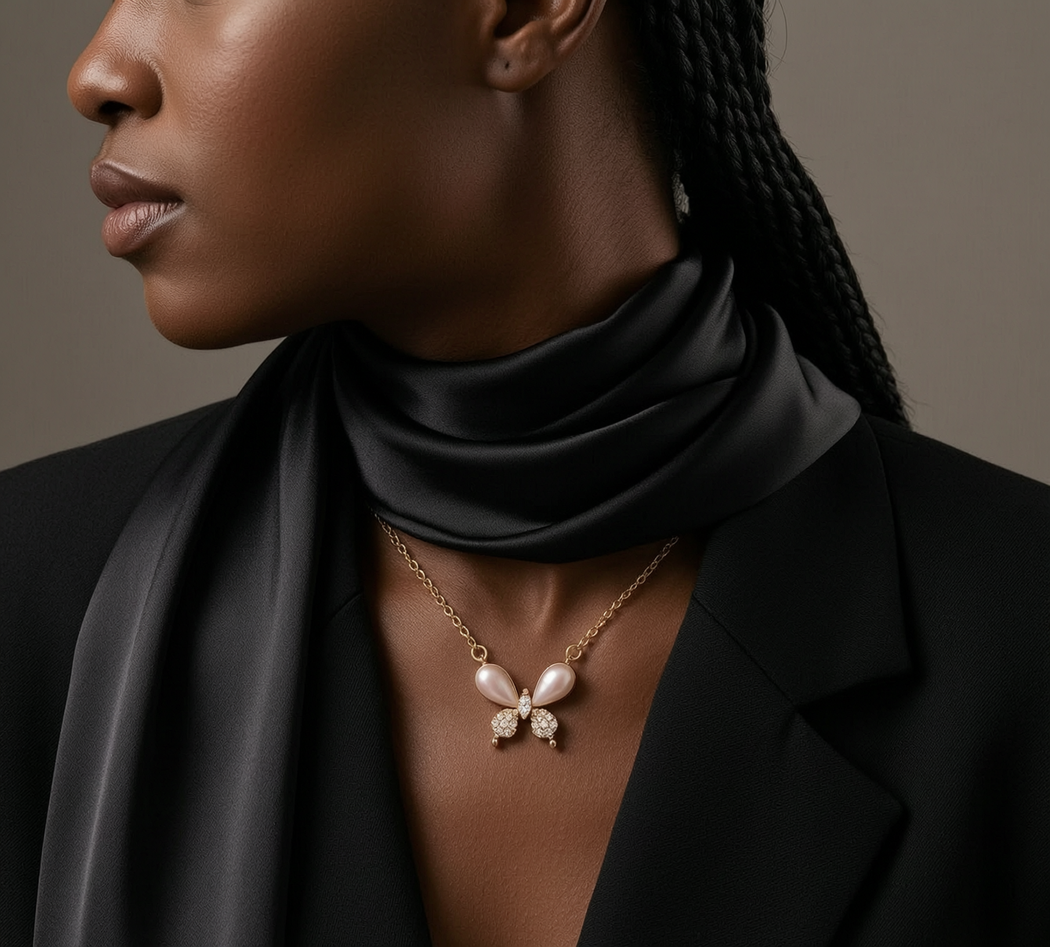 Woman wearing a black scarf and gold necklace with a butterfly pendant against a neutral background