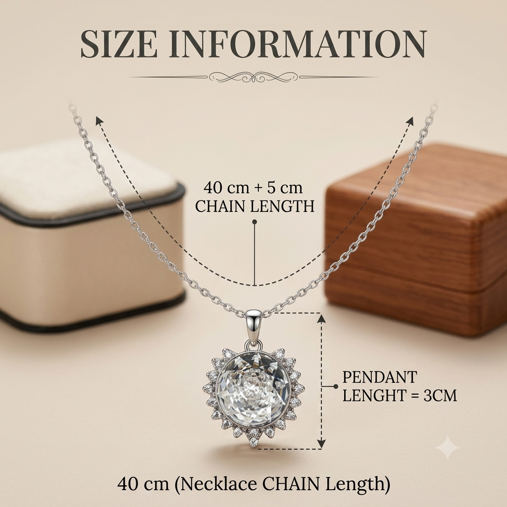 Necklace with pendant and size information on a neutral background
