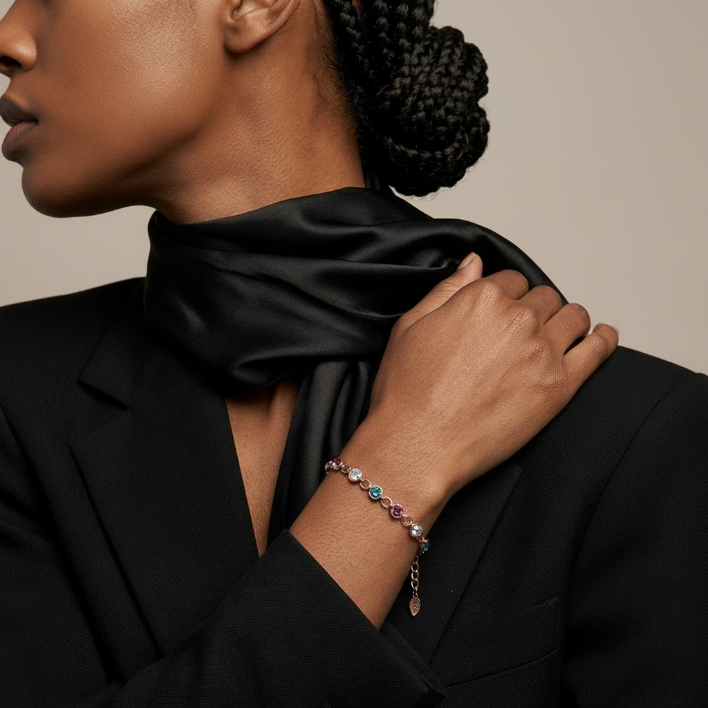 Person wearing a black satin scarf and colorful bracelet on a neutral background