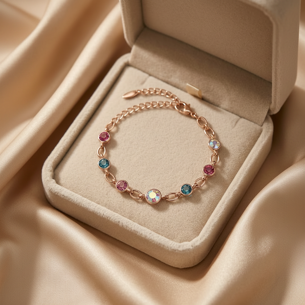 Rose gold bracelet with colorful beads in a jewelry box on a beige fabric background