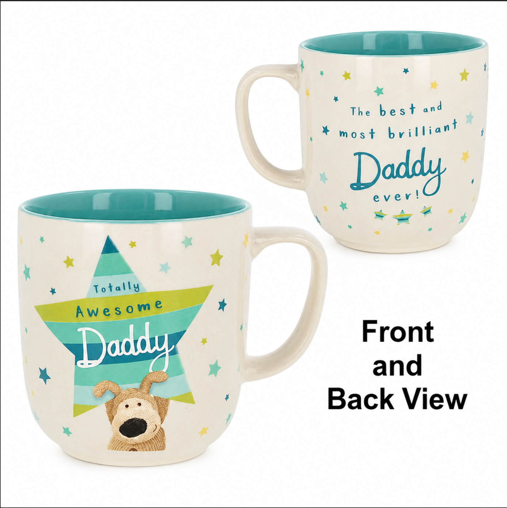 Two mugs with 'Totally Awesome Daddy' and 'The best and most brilliant Daddy ever!' text, featuring a dog illustration on a white background.