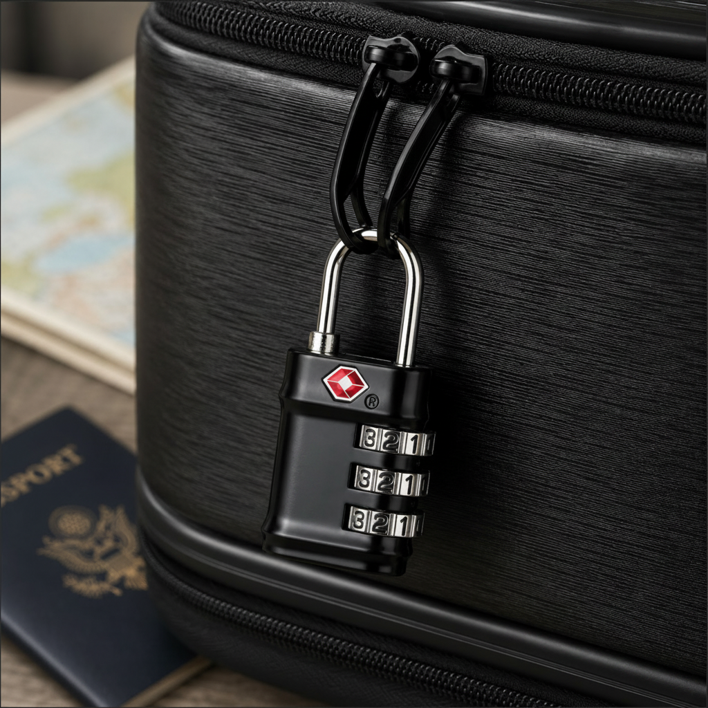 Black suitcase with a combination lock on a wooden surface next to a passport.