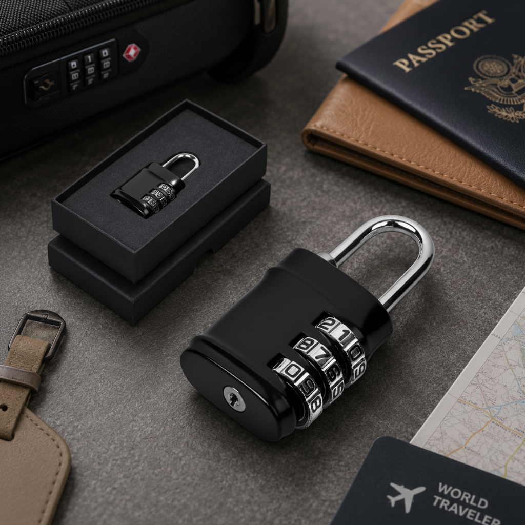 Black combination lock on a gray surface with travel items like a passport and suitcase.