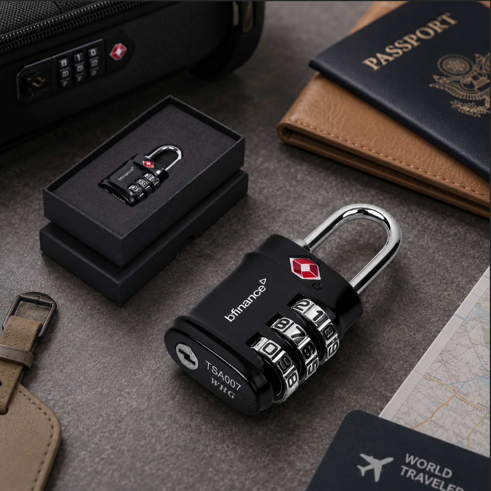 Black combination lock on a gray surface with travel items like a passport and suitcase.