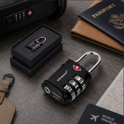 Black combination lock on a gray surface with travel items like a passport and suitcase.