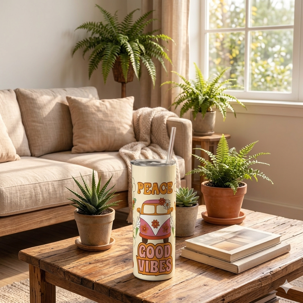Peace and Good Vibes Slim Stainless Steel Tumbler – 20 oz Vacuum Travel Cup