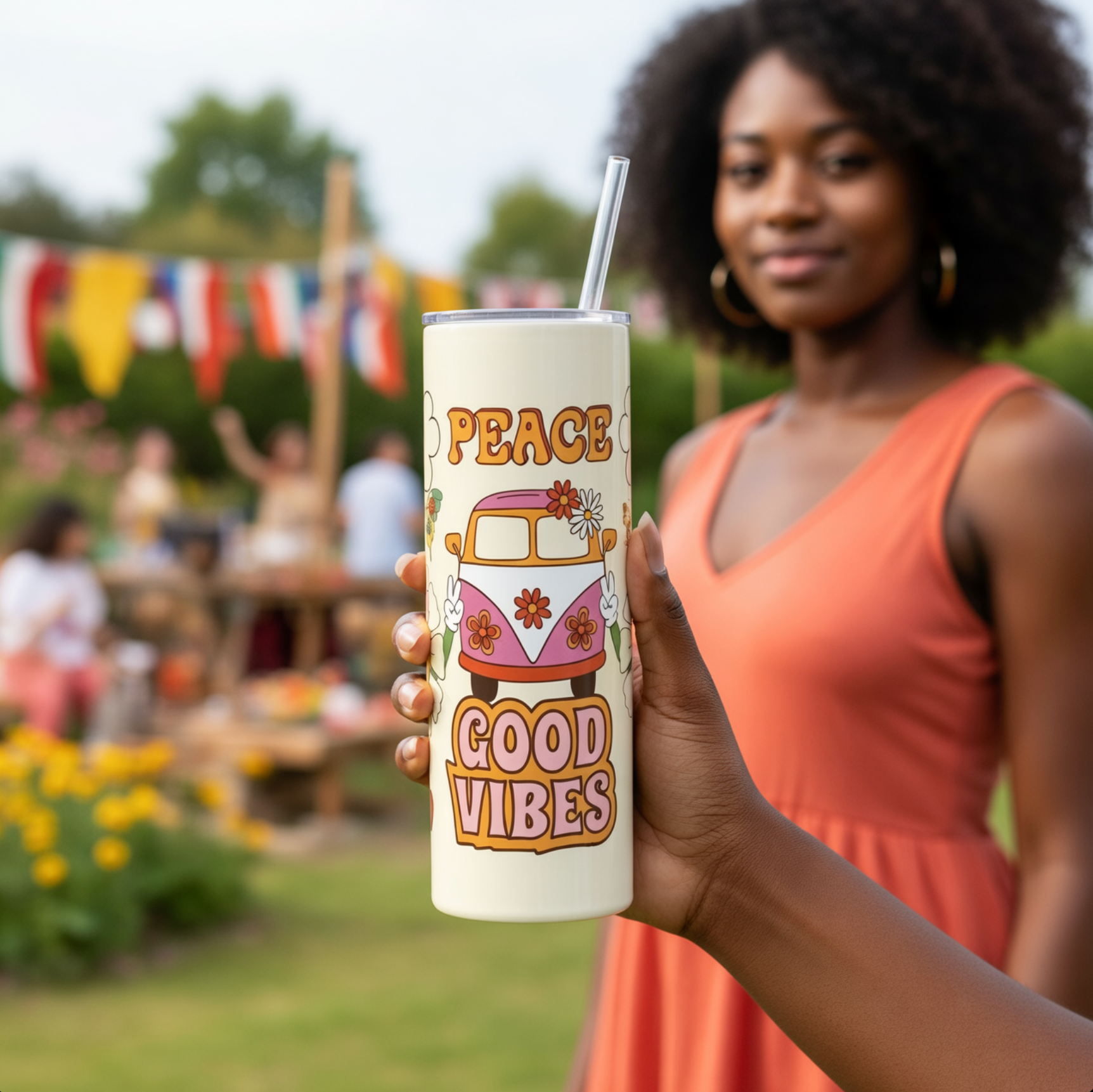 Peace and Good Vibes Slim Stainless Steel Tumbler – 20 oz Vacuum Travel Cup