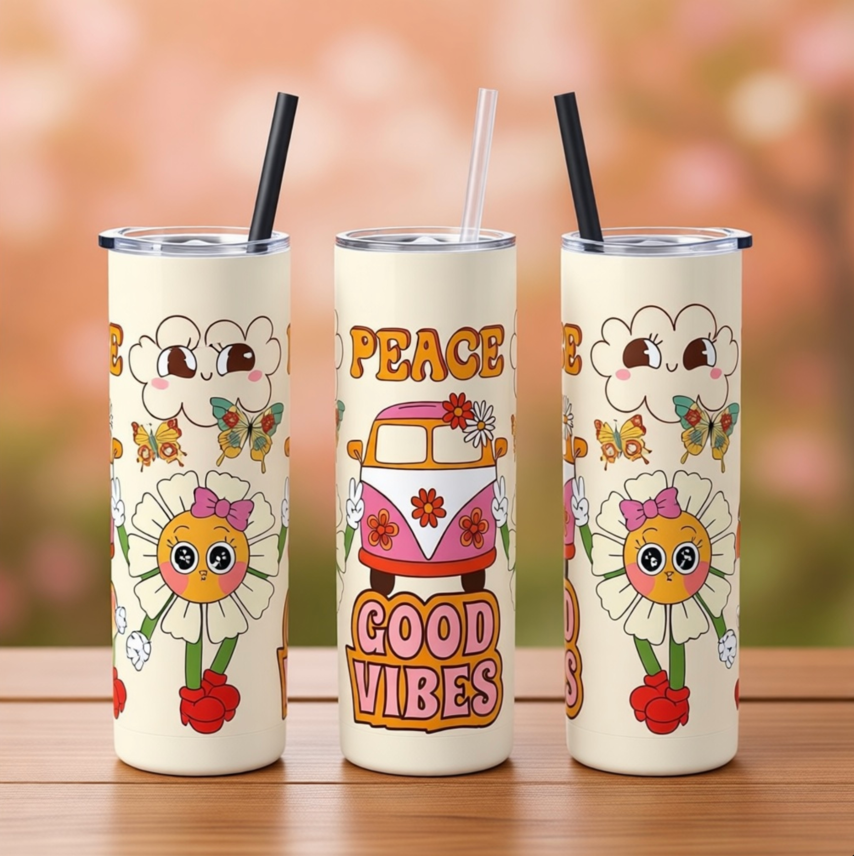 Peace and Good Vibes Slim Stainless Steel Tumbler – 20 oz Vacuum Travel Cup