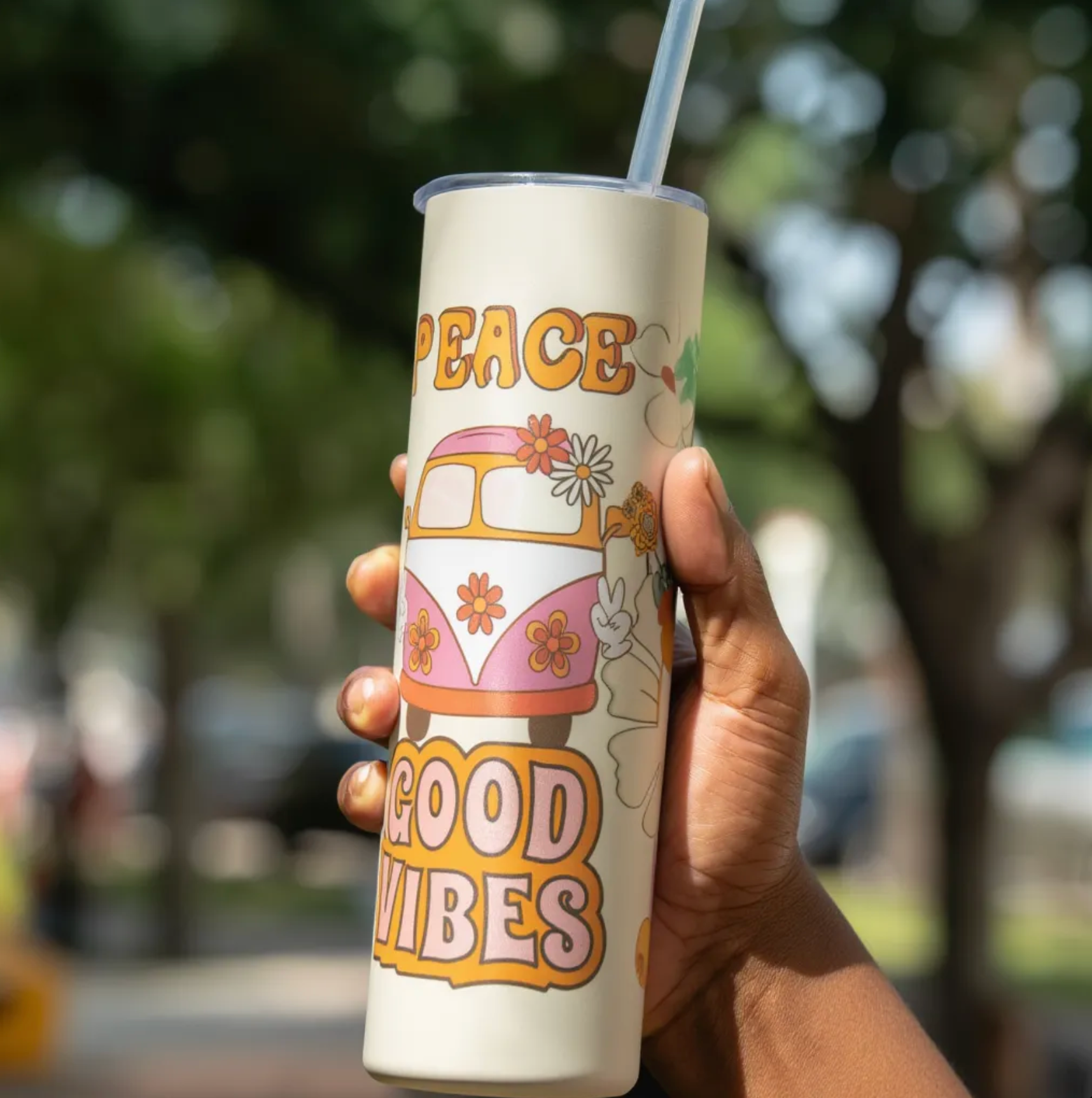 Peace and Good Vibes Slim Stainless Steel Tumbler – 20 oz Vacuum Travel Cup